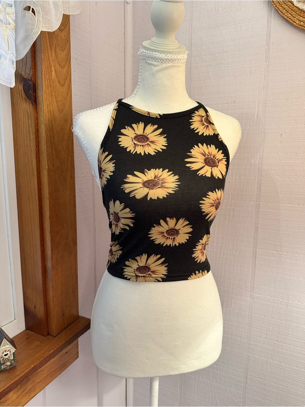 Sunflower Print Halter Crop Top - Black